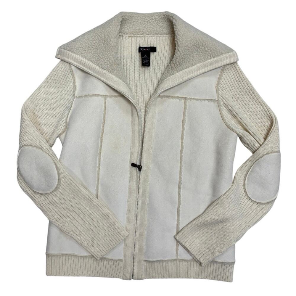 Cream Fleece‑Lined Knit Sleeve Zip Jacket 🤍 Cozy Neutral Layering 💛 Size L